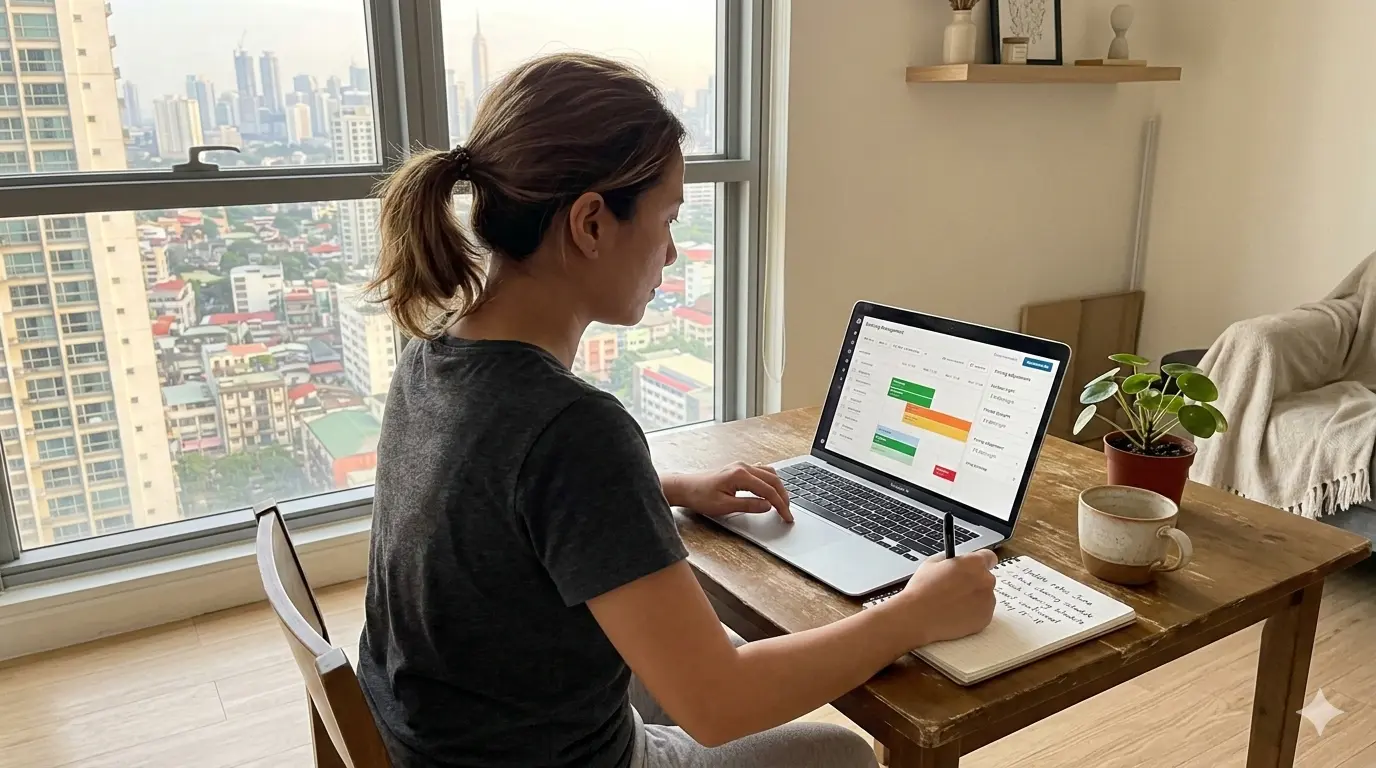 Person managing Airbnb listing on laptop in condo